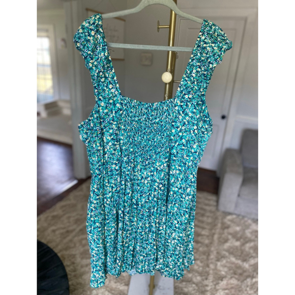 Old Navy Ditsy Floral Dress Mini Smocked Teal Summer Wedding 3X Sleeveless Boho - Picture 3 of 6